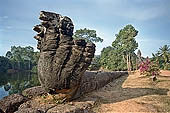 Bakong temple - the enormous naga head of the causeway.